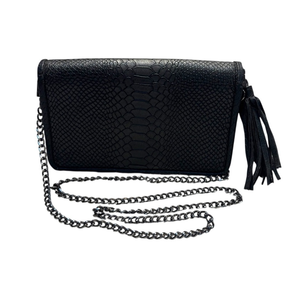 AKAIV Crossbody Bag Black Reptile Print Steel-tone Chain Strap Tassel Vegan - Picture 2 of 16